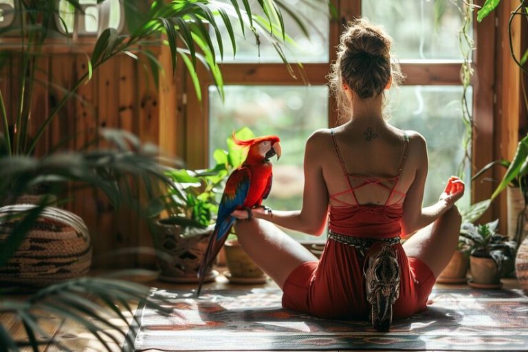 mujer-latinoamericana-practicando-yoga-su-loro-rincon-soleado-sala-estar_960396-715787